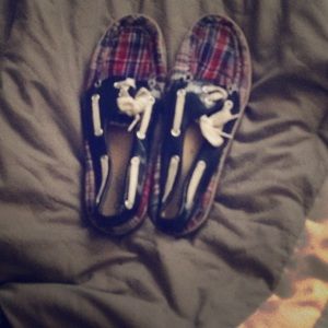 Blue white and red sneakers